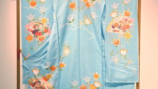 千總 水色系 振袖 扇 四季の花 大きいサイズ 落款あり 【高級振袖】水色